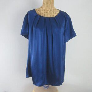 Talbots Womens 16 Sapphire Blue 100% Silk SS Pleated Shirt Top Keyhole Button  M